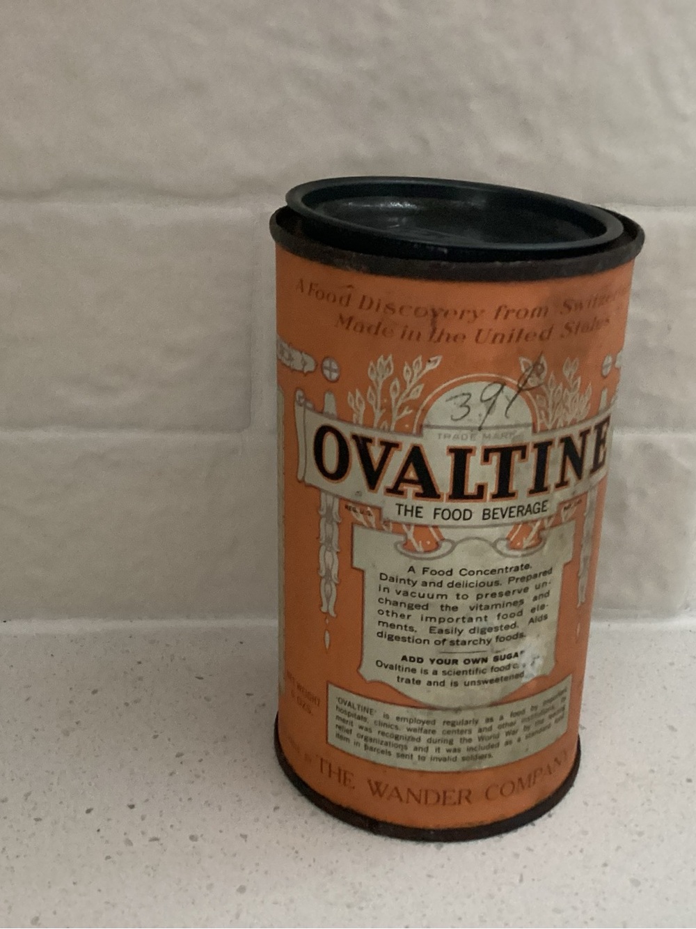 Antique 1921 OVALTINE 6oz. Tin, Orange and cream colors with paper label